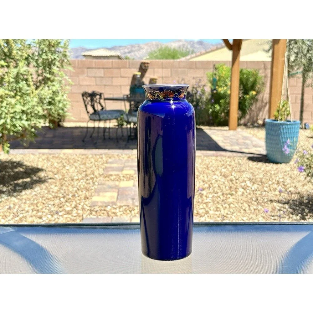 Vintage Japanese Kutani Cobalt Blue Porcelain Vase - Pheasant & Peony Motif